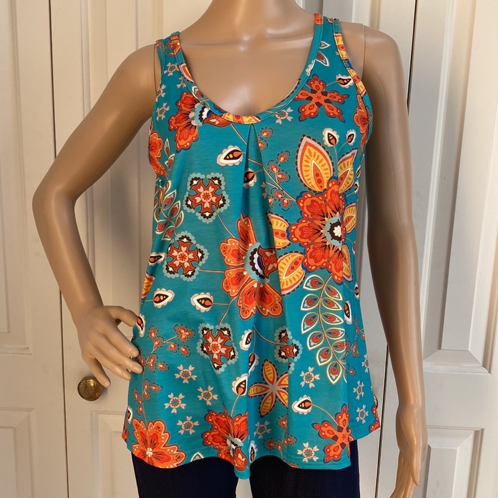 NWOT Romantic Hut Womens M Floral Fun Tank Top. Turquoise and Orange.